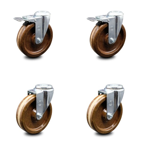 5 Inch High Temp Phenolic Swivel Bolt Hole Caster Set with 2 Total Lock Brake